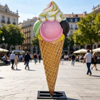 Sculpture géante réaliste en résine en forme de crème glacée avec motif floral, figurine décorative extérieure peinte à la main pour les magasins et les cadeaux de fêtes