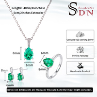 Parure de bijoux en forme de goutte d'eau avec pierre de naissance, en argent S925 rhodié, pierre précieuse verte de laboratoire, taille poire 6x8mm, 6,5 carats, boucles d'oreilles, collier et bague