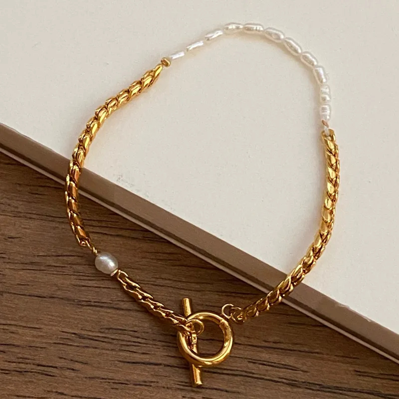 18K Gold Plated Stainless Steel Chain Link Real Freshwater Pearl Bead Bracelet Dainty Natural Baroque Fresh Water Pearl Bracelet