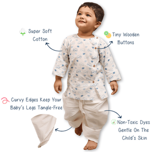 Kurta pour garçons imprimé éléphant crème avec pantalon Dhoti blanc, tenue ethnique traditionnelle pour enfants, idéale pour les fêtes et les mariages - Product Image 5