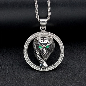 Hip Hop Stainless Steel Round Pendant Necklace Zircon tiger Pendant Necklace - Product Image 2