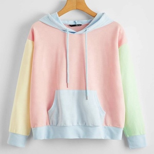 Pullover Drop Shoulder Color Block Cordón Sudadera con capucha Patrón a cuadros Fleece para invierno Liso teñido - Product Image 1