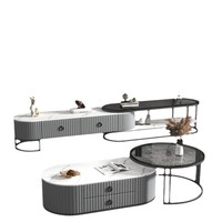 Meuble TV pliable moderne en bois massif avec table basse en verre et hauteur réglable pour petit appartement ou salon