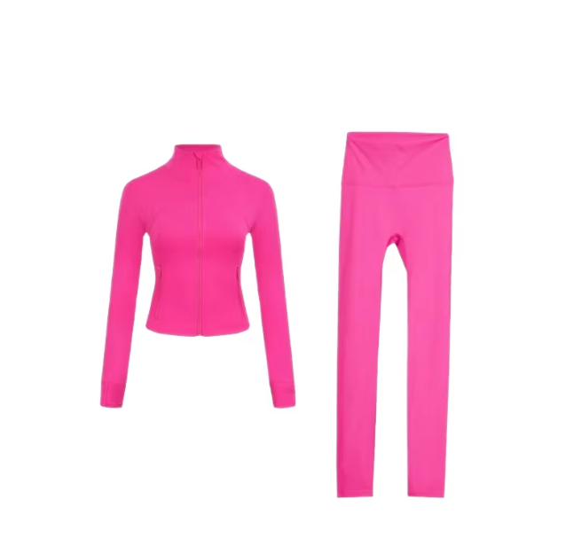 DF Jacket 2-Piece Yoga Set: High-Waisted Leggings and Women's Set with Metallic Zipper for Outdoor Sports Yoga Sets