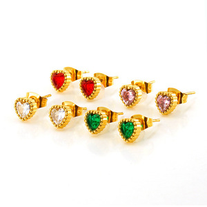 18K Gold Cubic Zirconia Heart Stud Earrings Stainless Steel Red Green Diamond Fashionable Fine <strong>Jewelry</strong> Gift for Girls Women - Product Image 1