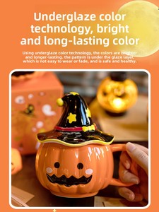 <span class=keywords><strong>Mug</strong></span> en céramique amusant et mignon en forme de citrouille pour Halloween, avec couvercle, fait main, portable, coffret cadeau pour petite amie et couple - Product Image 3