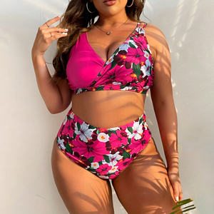 OEM de talla grande Sexy Color sólido estampados cuello en V Cruz arrugas Halter dos piezas Bikini ropa de playa traje de baño mujeres traje de baño de alta cintura - Product Image 4
