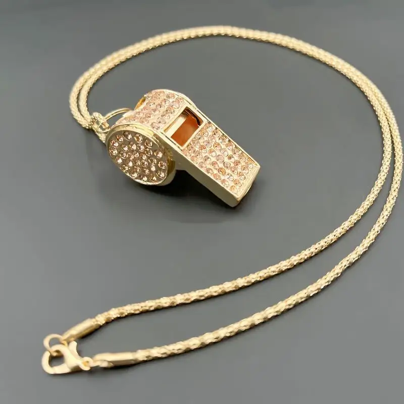 Beautifully inlaid rhinestone Referee whistle key chain Metal car whistle key chain Whistle self-defense key chain