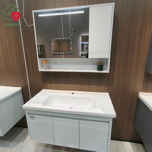 Nouvelle armoire de salle de bain blanche avec miroir en nid d'abeille, plateforme d'exposition non obstruée, lavabo blanc - Product Image 2