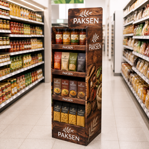 Grocery Food Display Corrugated Paper Floor <b>Stand</b> 4-Tier Wood <b>Print</b> Rack For Pasta Grain Jars Supermarket Retail Area - Product Image 3