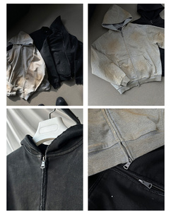 Sweat à capuche zippé noir délavé à pois effet peinture, avec logo personnalisé, poche kangourou oversize, style streetwear vintage pour homme, vente en gros - Product Image 2