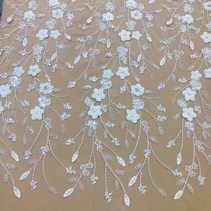 Crystal Sequins Bridal Luxury Embroidery Beads Wedding Tulle White 3D Flowers Handmade Beaded Lace Fabric
