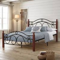 Cadre de lit vintage en métal avec poteaux en bois massif, tête de lit incurvée à motifs, lit plateforme pour chambre à coucher