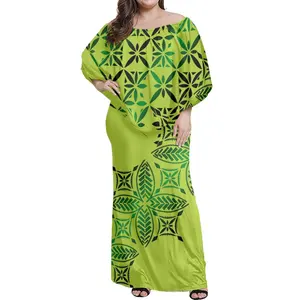 Großhandel Polynesian Tribal Green Tapa Masi Frauen Sexy Bodycon Kleid Off Shoulder Party Frauen Bleistift Lange Kleider Elegante Maxi