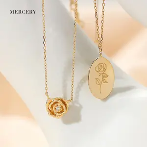 Mercery Jewelry 14K Solid Gold Pendants Collana Oro Coin Engraved Rose Flower Shape Mother`S Day Gift Necklaces