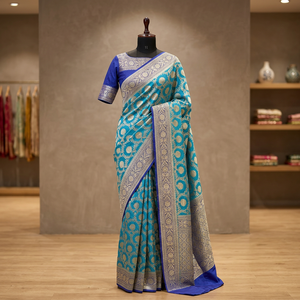 Sari de Seda Azul con Bordado Zari Dorado, Traje Tradicional Indio para Bodas, Largo hasta el Suelo, Sari para Mujer, Corte Regular, para Todas las Temporadas - Product Image 2