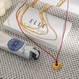 Four Layer Necklace 18K Gold Stainless Steel Blade Chain Flat Bead Chain Waxed Thread Heart Pendant Everyday Wear Unisex - Product Image 3