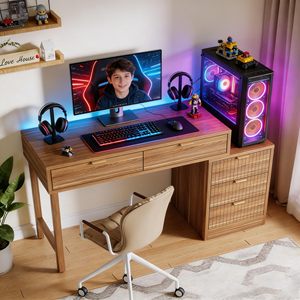 SENYU Wood Computer <b>Desk</b> <b>With</b> 2 <b>Drawers</b> And Storage Cabinet Spacious Desktop Home <b>Office</b> Study Table - Product Image 3