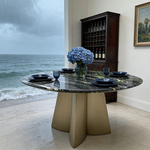 Mesa de Comedor Redonda de Mármol Natural Italiano de Alta Gama con Base de Acero Inoxidable Moderna para Uso en el Hogar o Restaurante - Product Image 2
