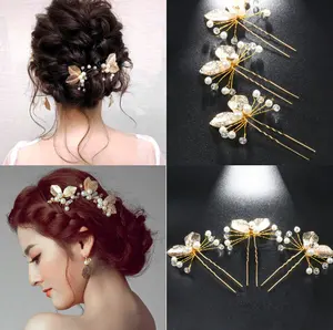 bridal hair accessories wedding jewelry fashion pearl beads metal leaf flower hair clips hairpins U shape hair stick ornament