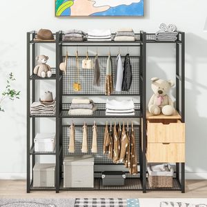 Latest <strong>Design</strong> Freestanding <strong>Closet</strong> Organizer Metal Open-Style Wardrobe with Hanging Rails Shelves 2 Drawers for Clothing Bags - Product Image 2