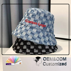 Customized Checkered Denim Bucket <b>Hat</b> With Embroidery Logo Unisex Fashion Spring <b>Summer</b> Casual Wear - Product Image 1
