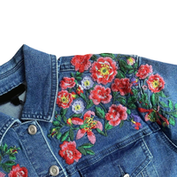 Fabricants de vêtements, veste en jean pour femmes personnalisée avec broderie florale, boutonnée, luxe, coupe classique, veste en jean patchwork