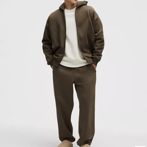 Oversized <strong>Khaki</strong> Fleece Hoodie and Sweatpants Two Piece Set <strong>Men's</strong> Loose Full Zip <strong>Tracksuit</strong> for Casual Daily Loungewear - Product Image 2