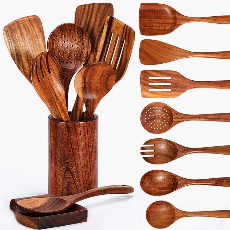 Wooden Kitchen Utensils set for kitchen and Cooking Natural Teak Wooden Utensil Set Nonstick Kitchen Utensils set