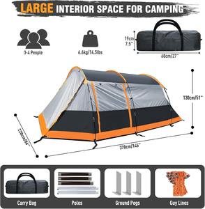 Tente de <span class=keywords><strong>camping</strong></span> familiale tunnel OEM 4 personnes, 2 portes, double bâche imperméable, véranda avec moustiquaire, abri extérieur 4 saisons, vente en gros - Product Image 4