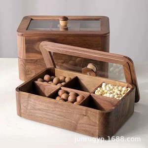 Boîte à fruits secs en bois massif, plateau de rangement multi-compartiments en bois avec couvercle, boîte à noix transparente pour usage domestique - Product Image 1