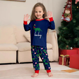 Cross-border zomerse zachte longsleeve dinosaurus letterprint ouder-kind set feestelijke loungewear/pyjama's ronde hals - Product Image 4