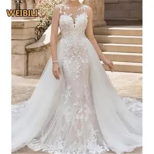 Sexy Backless Lace Appliqued Wedding Dresses Sheath Champagne white Bridal Gowns Detachable Train