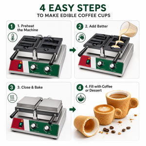 Commerciële 900W RVS Nieuwe 220V Koffiekopjes Wafelmaker met eetbare koffiekopjesvorm voor ijs en melkthee - Product Image 4