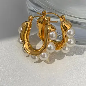 High Quality Trendy Wedding Novelty Minimalist Abstract Vintage Baroque 18k Gold Plated Pearl Hoop Earrings