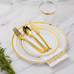 Service de table <span class=keywords><strong>jetable</strong></span> en <span class=keywords><strong>plastique</strong></span> doré 175 pièces pour 25 invités, assiettes, serviettes, gobelets, couverts, <span class=keywords><strong>vaisselle</strong></span> de fête de mariage - Product Image 4