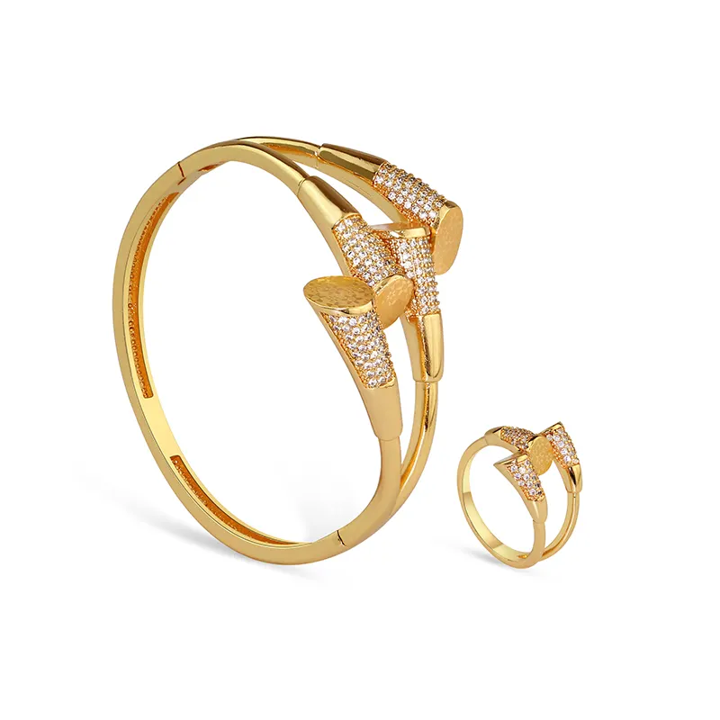 Wholesale Fine Copper 18K Gold Silver Plating Zirconia Bracelets Bangles Rings 2Pcs Jewelry Set For Women