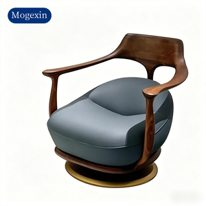 Modern New Solid Wood Swivel Accent Chair <b>Black</b> Leather Upholstered Leisure Armchair Gold Metal Base Hotel Use - Product Image 6
