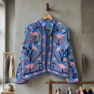 Blue Women's Winter Handmade <b>Quilted</b> Cotton Embroidery & Button Reversible Floral <b>Pattern</b> Indian Suzani Boho <b>Jacket</b> Gift for Her - Product Image 3