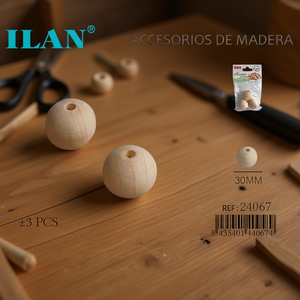 Perline di legno Ilan rotonde da 30 mm per artigianato e progetti fai da te - Product Image 3