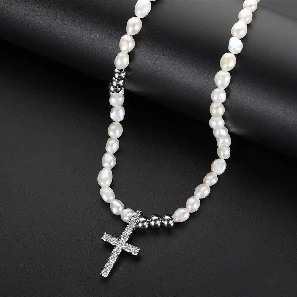 Luxury Men Women Brush Pearl Choker Chain Custom Adjust Natural Cross Pearl Beaded Necklace