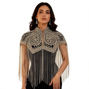 Women's Cotton Couteure Polyester Beaded Shoulder <b>Cape</b> with Floral Embroidery and Fringe Decorative <b>Wedding</b> Party Wear - Product Image 1