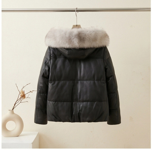 Veste en duvet pour <span class=keywords><strong>femme</strong></span> en véritable peau de mouton, <span class=keywords><strong>manteau</strong></span> court à capuche avec col en fourrure de renard pour l'<span class=keywords><strong>hiver</strong></span> - Product Image 3