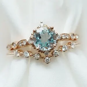 925 Sterling Silver Gorgeous Aquamarine Spinel Ring Sets Classic Round Shape Gemstone Peomising Ring