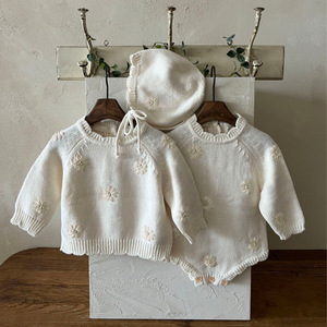 Romper Bayi Rajutan Musim Gugur dan Dingin untuk Anak Perempuan, Sweater Rajut Katun dengan Topi, Pakaian Bayi Manis - Product Image 1