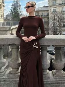 Vestido Largo de Manga Larga para Mujer, Fruncido y Plisado, Ajustado al Cuerpo, Cuello Redondo, Color Sólido, Elegante, para Fiesta o Noche - Product Image 3