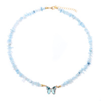 Collier Papillon en Pierres Précieuses Naturelles, Collier Perlé en Pierres Concassées, Chaîne à Fermoir Mousqueton, Pendentifs pour Femmes et Filles