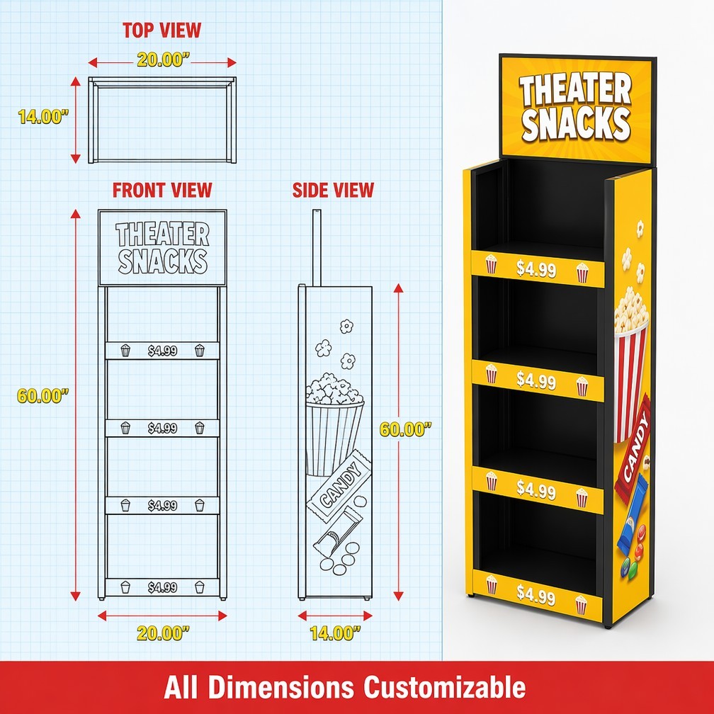 Apache Custom Candy Display Rack 4-Way 4-Tier Metal Snack Merchandiser Knock Down Floor Stand for Movie Theater OEM ODM — view 4