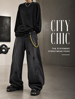 Jeans Baggy a Gamba Larga per Uomo - Pantaloni in Denim Nero Effetto Vissuto con Cuciture Curve - Jeans Streetwear Eleganti e Comodi con Perline Gialle