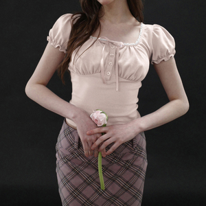 Top Corto Sexy y Lindo con Volantes Rosas y Mangas Abullonadas para Mujer, Camiseta de Manga Corta Ajustada Estilo Dulce Chica Y2K INS Kawaii Casual Chic - Product Image 2